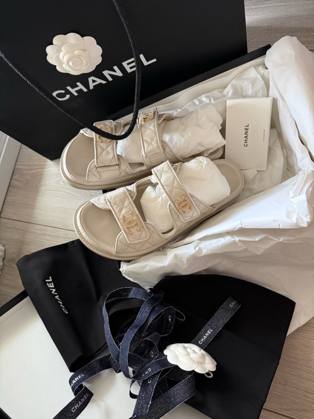 Chanel Quilted Beige CC Logo Slide Mule Dad Sandals size 37.5